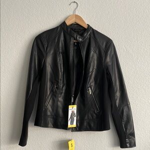 Kenneth Cole Black Leather Jacket with Stand-Up Collar